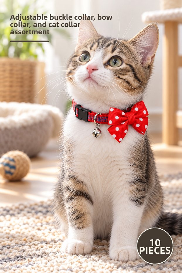 10 Pieces of Bow Tie Cat Collars – Adjustable Collar with Bell, Bow Tie Collar and Cat Collar Assorted Patterns