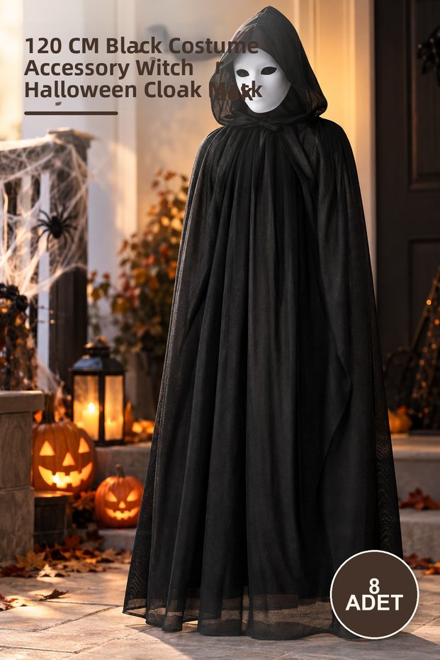 8 Pieces of Hooded Cloak and Paintable Cardboard Mask – 120 cm Black Costume Accessory Halloween Cloak Mask