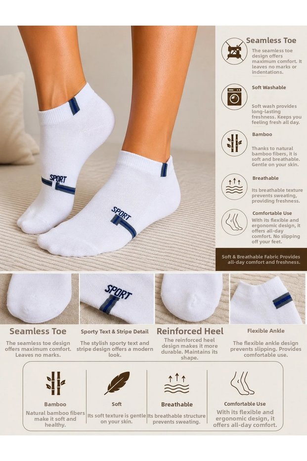 Seamless Bamboo Fiber Sports Booties Socks Soft, Breathable and Comfortable 6-Piece Set