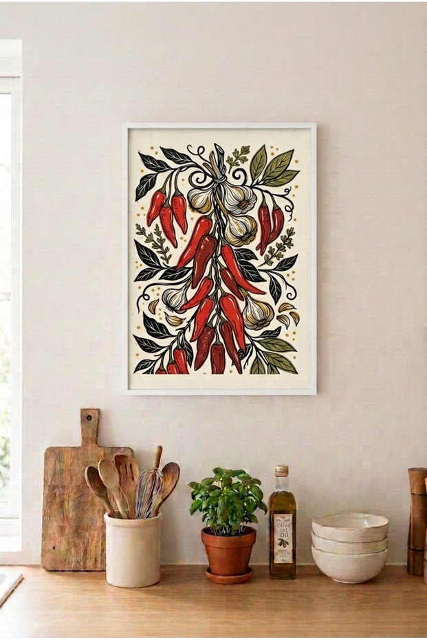 Pepper and Garlic White Wood Framed Mdf Painting - Sicilian Tomato Market Kitchen Decor Huhu3218 - Single Painting White Frame