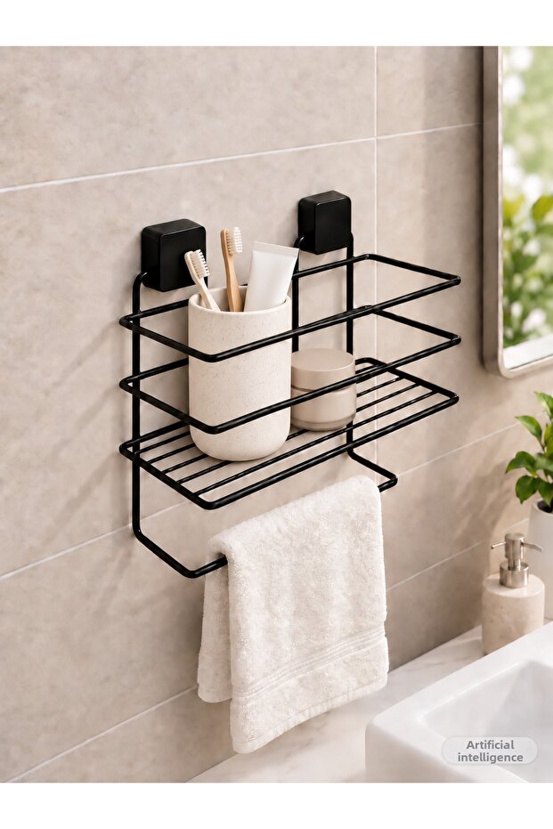Adhesive Wall Shelf and Towel Holder Black Wire Kitchen and Bathroom Organizer