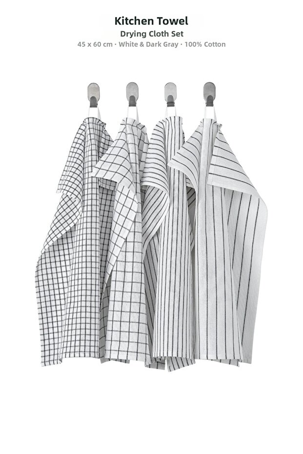Rinnig 4-Piece Dishcloth Set 45X60 cm – White Dark Gray 100% Cotton Kitchen Towels