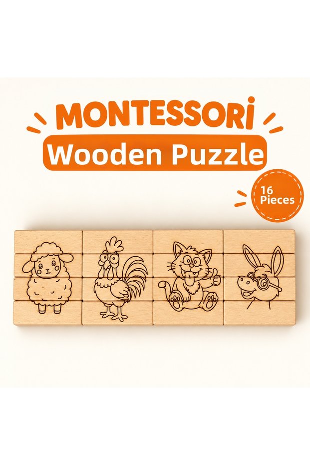 Montessori Wooden Puzzle 16 Pieces Educational Block Puzzle with Animal Figures Jenga Puzzle