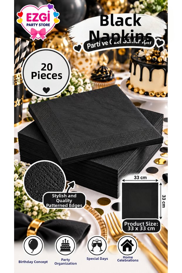 20 Pieces Black Napkins 33X33 cm Birthday Concept Party Tableware Table Decoration Celebration Napkin