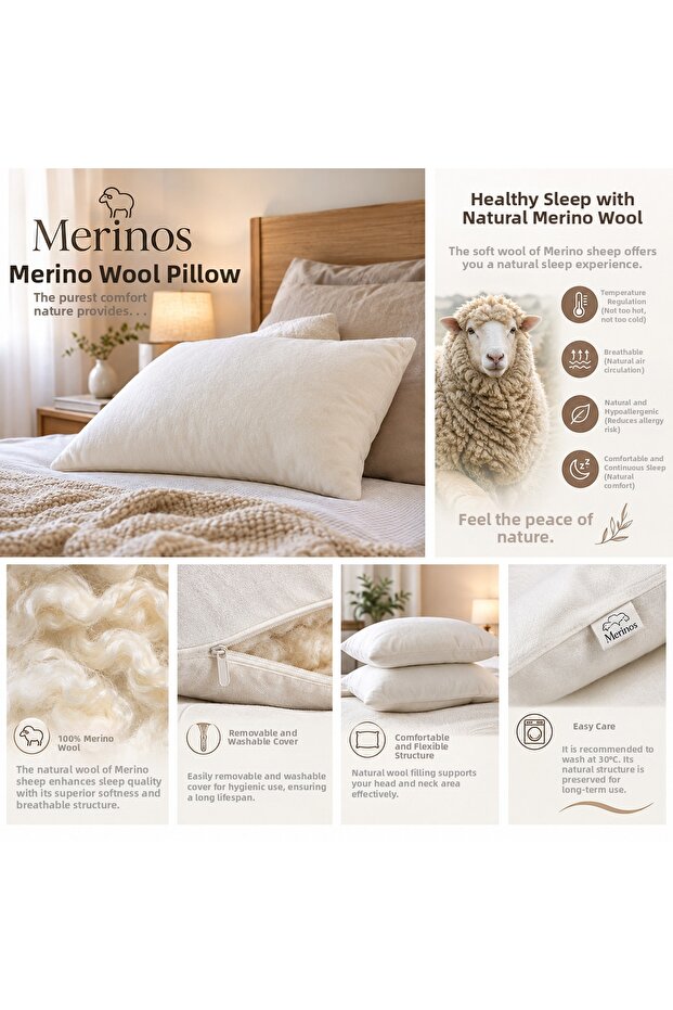 100% Natural Merino Wool Filled Pillow 50×70 cm (1000 Gr)