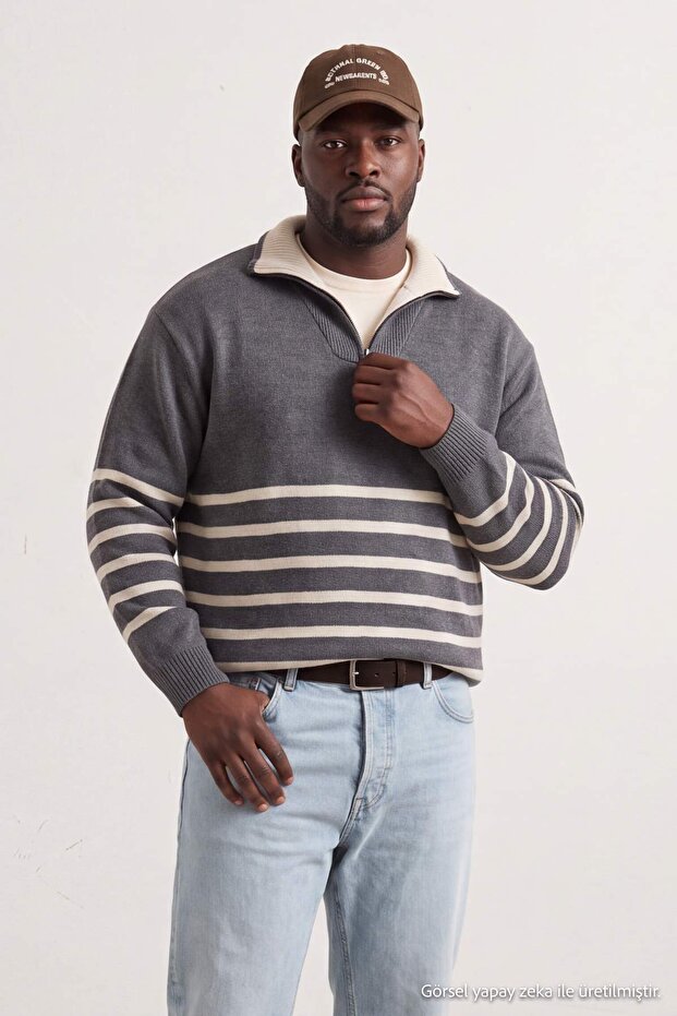 Big Size Gray Regular Fit Striped Zippered High Collar Knitwear Sweater Tmnaw27An00001