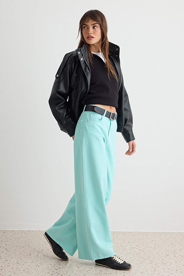 Turquoise High Waist Extra Wide Leg Loose Fit 100% Cotton Jeans Twoaw27Je00104