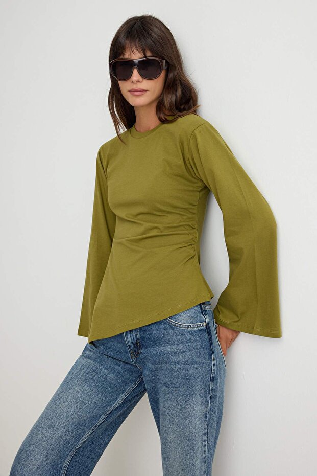 Haki %100 Pamuk Bele Oturan Asimetrik Bisiklet Yaka Örme T-Shirt TWOAW27TS00011
