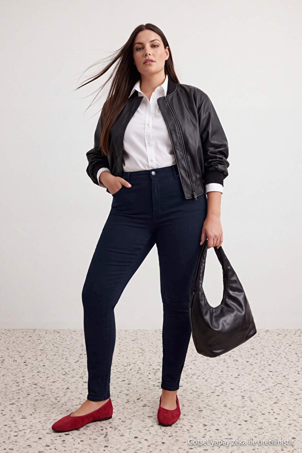 Koyu Mavi Yüksek Bel Ekstra Esnek Push Up Etkili Büyük Beden Skinny Jeans TBBAW27CJ00017