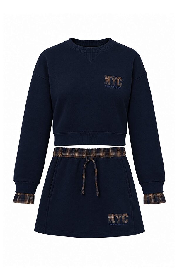 Navy Blue Oversize/Wide Fit Slogan Printed Skirted Thick Knitted Bottom - Top Set Twoaw27Au00143
