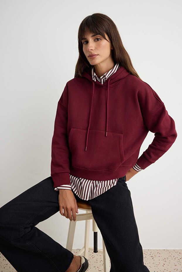 Burgundy Thick Fleece Lined Hooded Drawstring Oversize Knitted Sweatshirt Twoaw27Sw00140