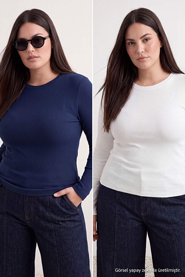 Navy Blue-Ecru 2 Pack Crop Camisole Knitted Plus Size Blouse Tbbaw26Af00055