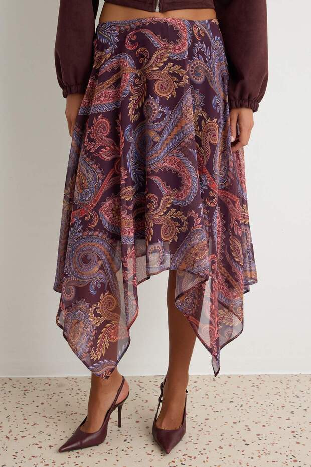 Plum Shawl Patterned Low Waist Midi Chiffon Skirt Twoaw27Et00057