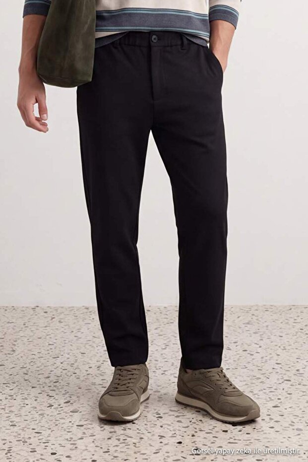 Siyah Beli Lastikli Esnek Kumaş Dar Paça Likralı Slim Fit Örme Erkek Pantolon TMNAW27PL00012