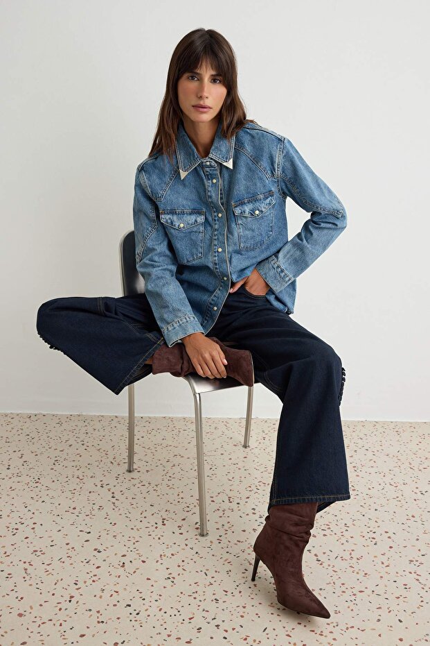 Mavi Yaka Detaylı Oversize Denim Gömlek Ceket TWOAW27CE00114