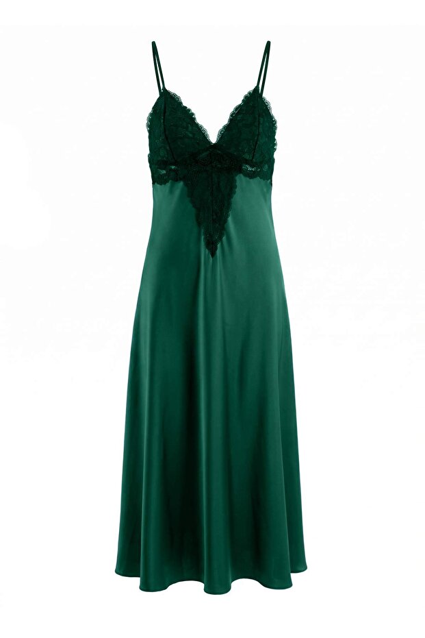 Emerald Green Lace Detailed Satin Woven Nightgown Thmaw27Gc00006