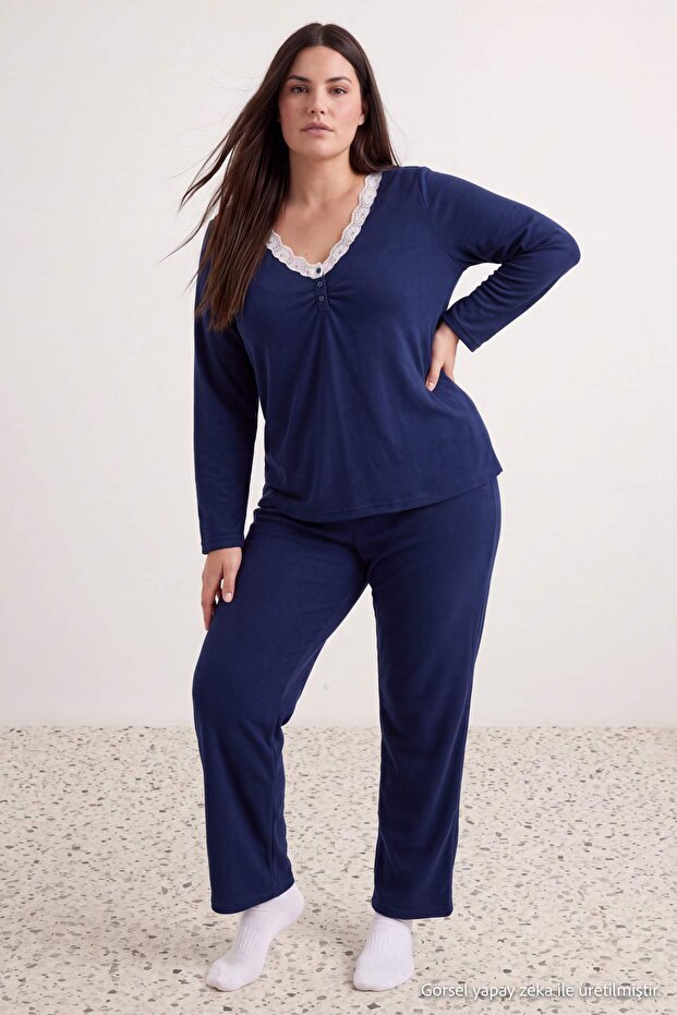 Navy Blue Embroidery Detailed Knitted Large Size Pajama Set Tbbaw27Ai00052