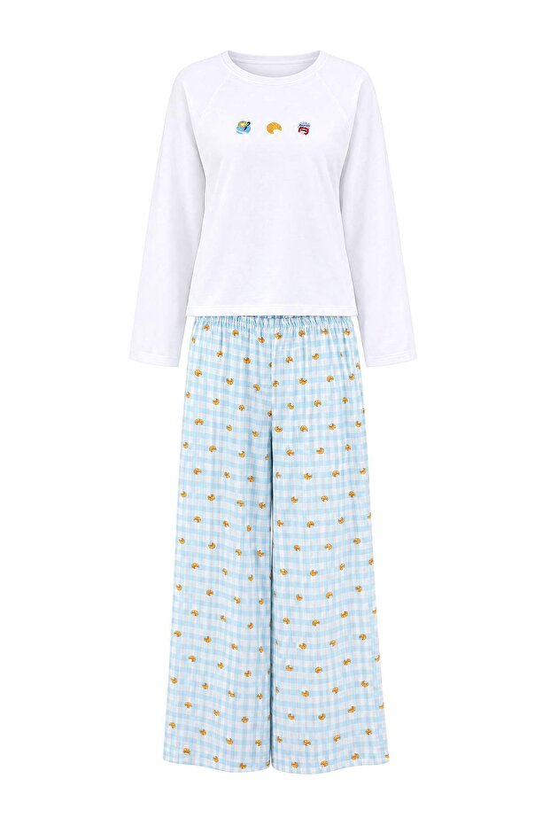 White-Blue 100% Cotton Croissant Patterned Knitted Pajamas Set Thmaw27Pt00241