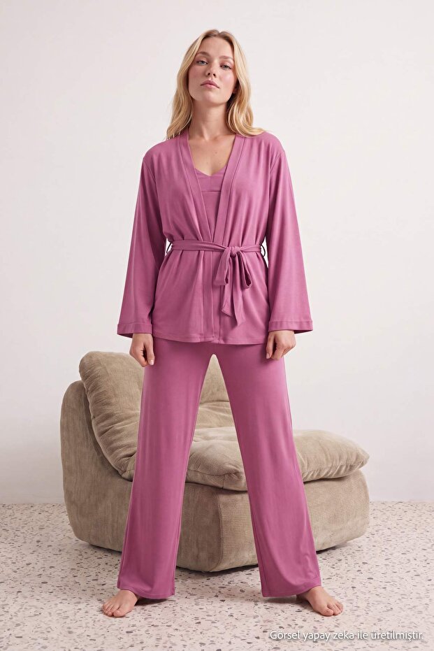 Dusty Rose 3-Piece Knitted Undershirt-Pants-Dressing Gown Pajama Set Thmaw27Pt00003
