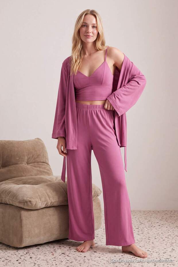Gül Kurusu 3'lü Örme Atlet-Pantolon-Sabahlık Pijama Takımı THMAW27PT00003