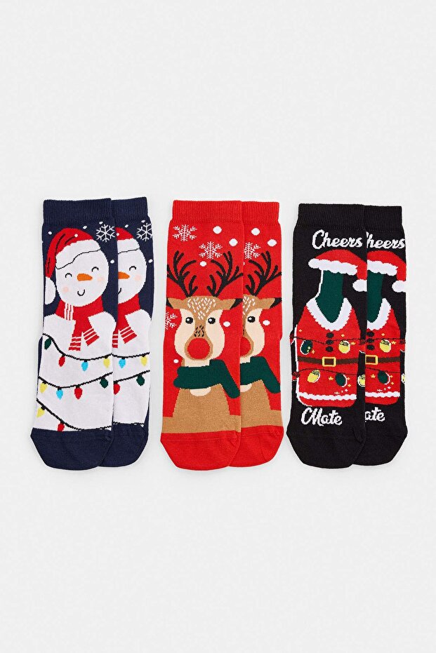 Red-Multicolor 3-Piece New Year's Jacquard Knitted Socks Thmaw27Co00049