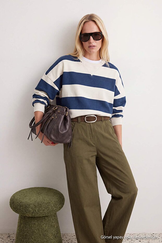 Navy Blue Ecru Striped Oversize/Wide Cut Crew Neck Knitted Sweatshirt Twoaw27Sw00168