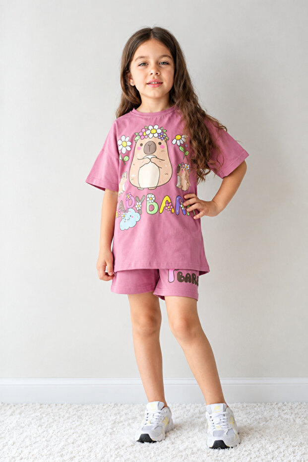Girls' Sets Summer Top and Bottom Set with Shorts, Combed Cotton Sets, Summer Short-Sleeved Cotton Combed Fabric, Super Quality, Full Lycra. Lower Upper Set