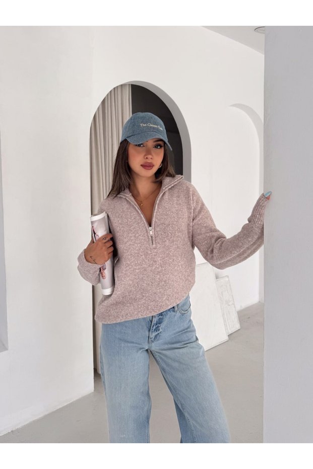 High Neck Half Zipper Off Shoulder Oversize Long Sleeve Knitwear Sweater Aw26Kz00010