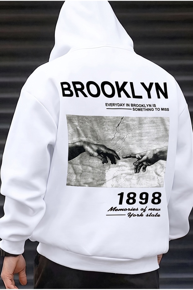 Men's White 1898 Printed Hooded Oversize 3 Thread Raster Printed Loose Fit Hoodie