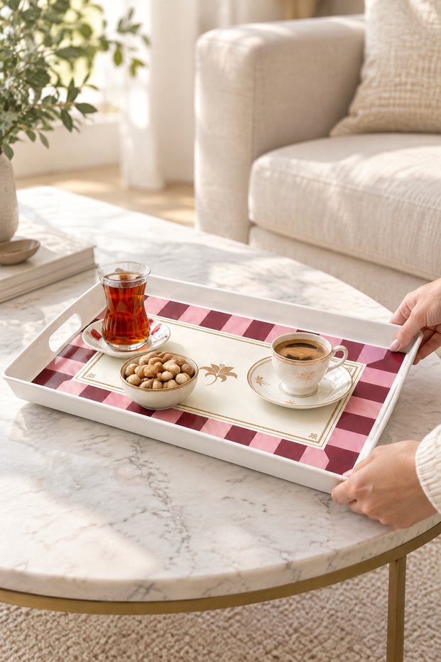 Striped Patterned Serving Tray 38X28X3.5 Cm, Burgundy