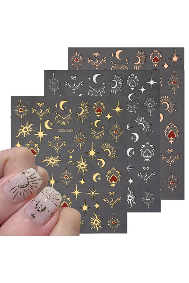 3 colour mix Mix 3 Sheets 3D Stickers for Nails Gold Sliver Rose Gold Laser Butterfly Moon Sun Adhes