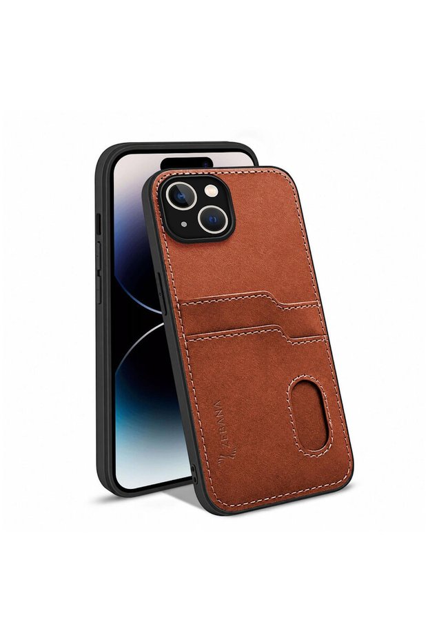 Apple iPhone 13 Compatible Case Luxury Leather Case with Card Holder Brown