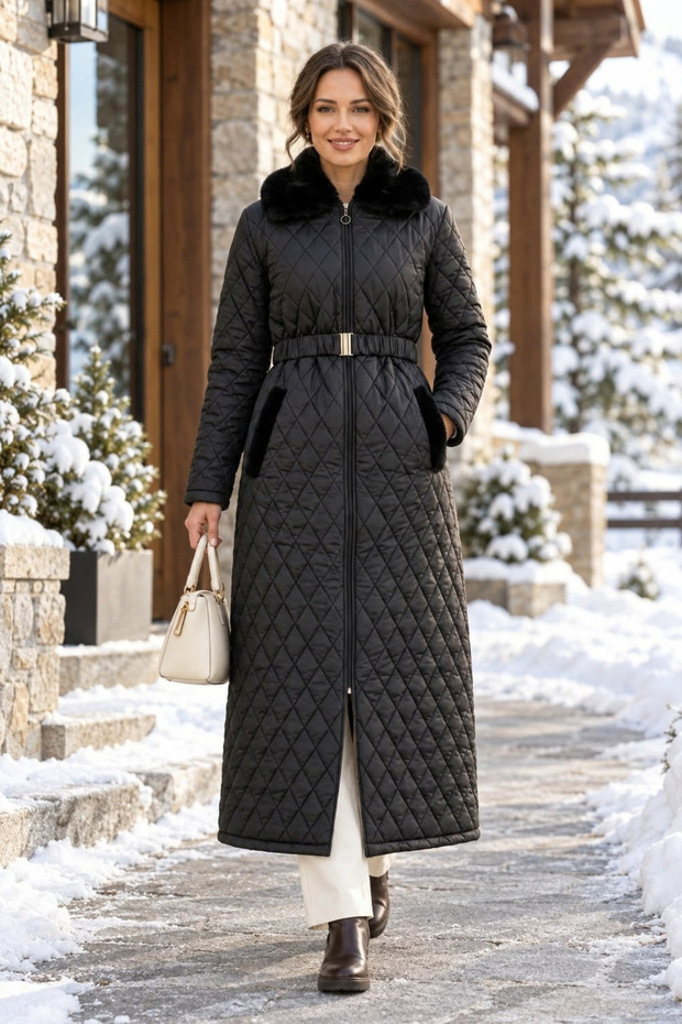 Women's Quilted Puffer Jacket with Zipper, Side Pockets, and Belt