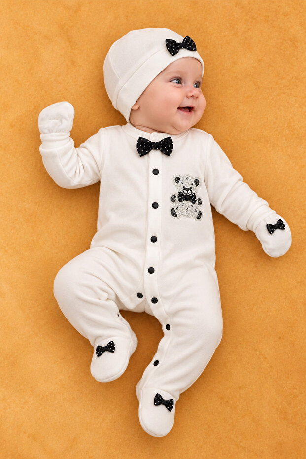 3-Piece Baby Romper Set with Stoned Teddy Bear and Bow Tie Detail (with Hat and Gloves)