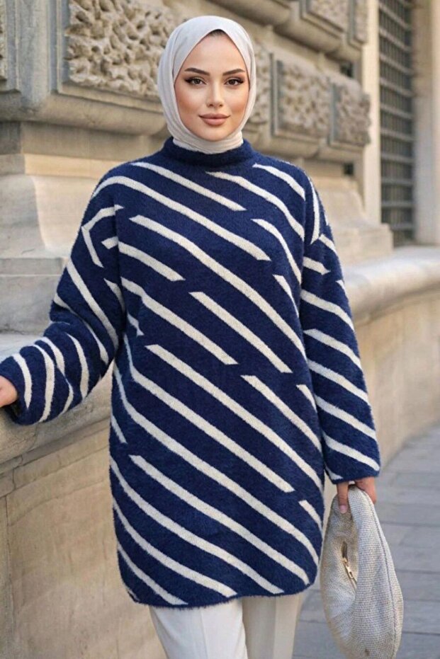 Stripe Patterned Navy Blue Hijab Knitwear Tunic 80021L