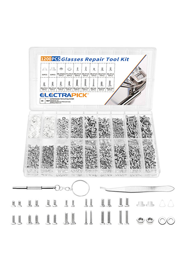 1200pcs Eyeglass Glasses Screws Repair Kit with Tweezers Screwdriver Tiny Mini Screws Nuts Assortmen