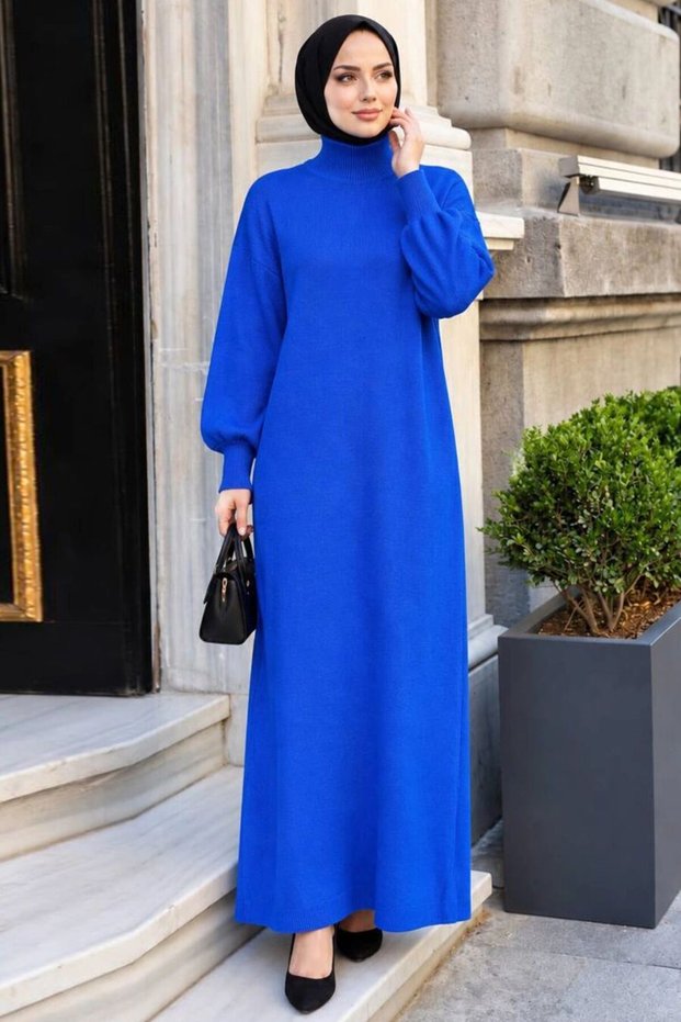 Turtleneck Plain Sax Blue Hijab Knitwear Dress 30481Sx
