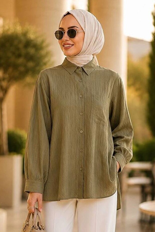 Striped Bamboo Oil Green Hijab Shirt 15587Yy