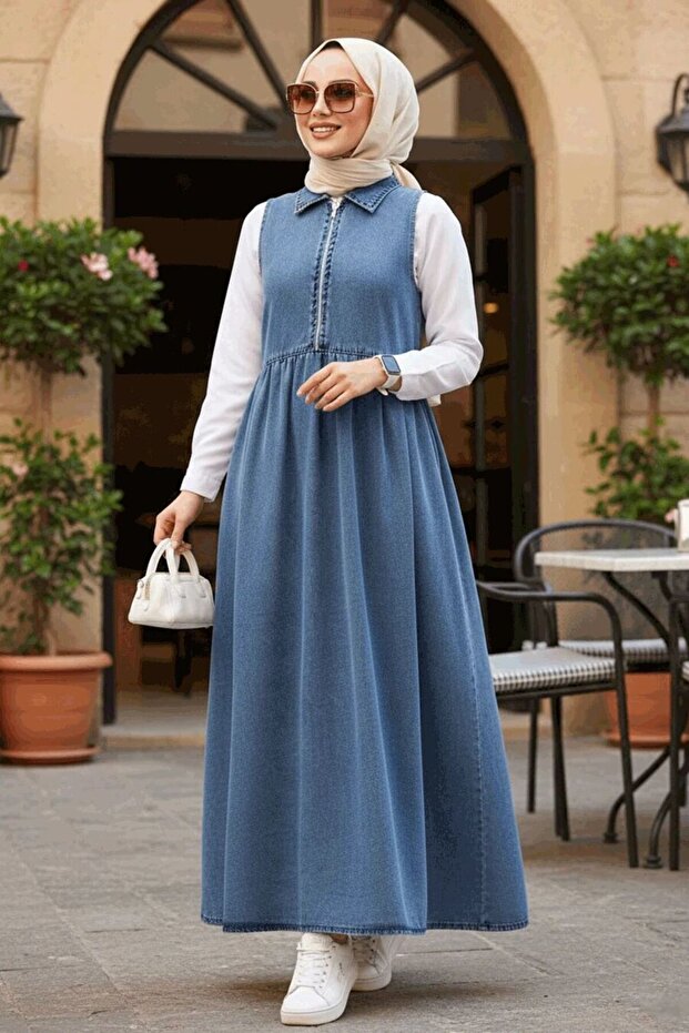 Denim Dark Blue Hijab Gilet Dress with Zipper 19135Km