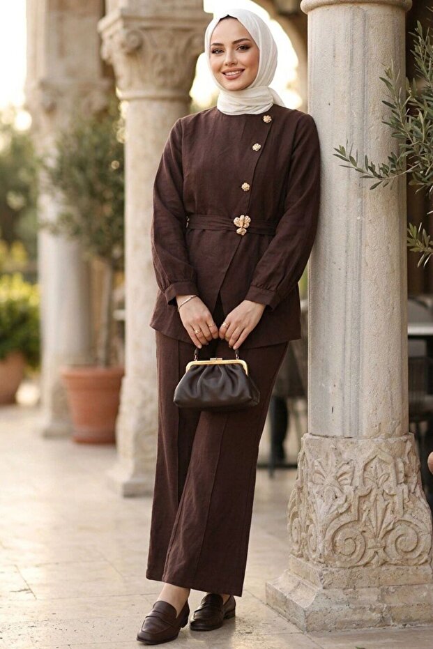 Brown Hijab Double Set with Buckle Belt 82413Kh