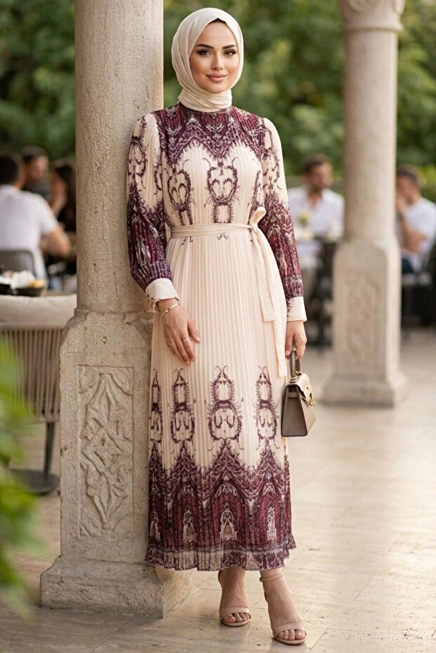 Ethnic Motif Pleated Belted Plum Satin Hijab Dress 95702Mu