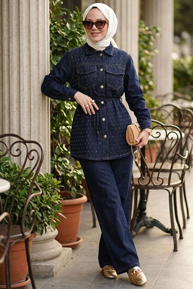 Buttoned Navy Blue Hijab Denim Double Set 10064L