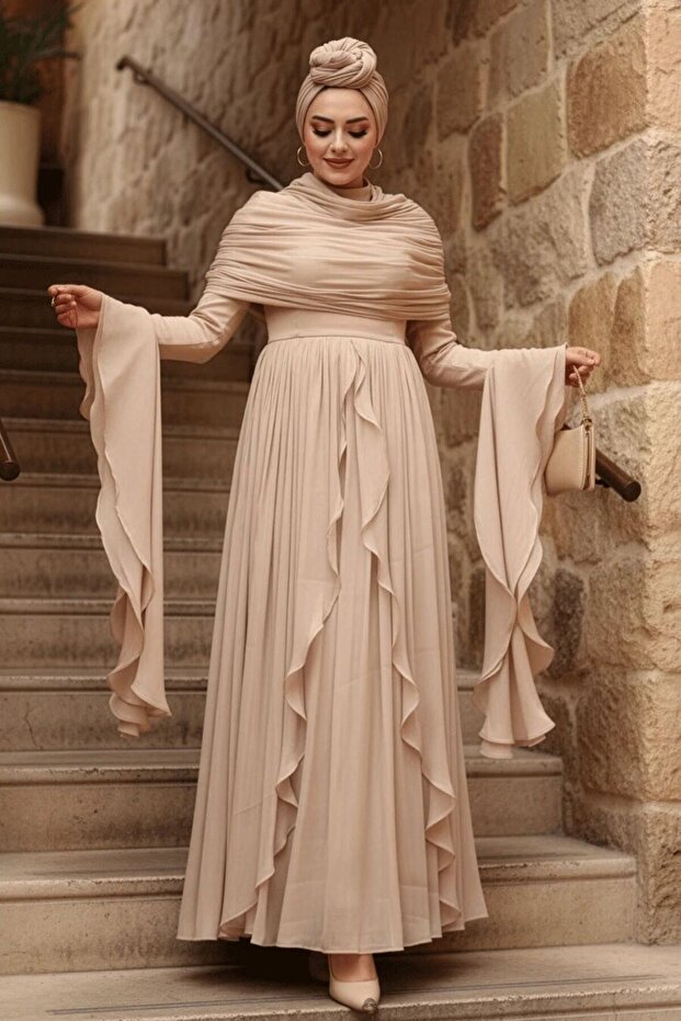 Ruffle Detailed Beige Hijab Evening Dress 53981Bej