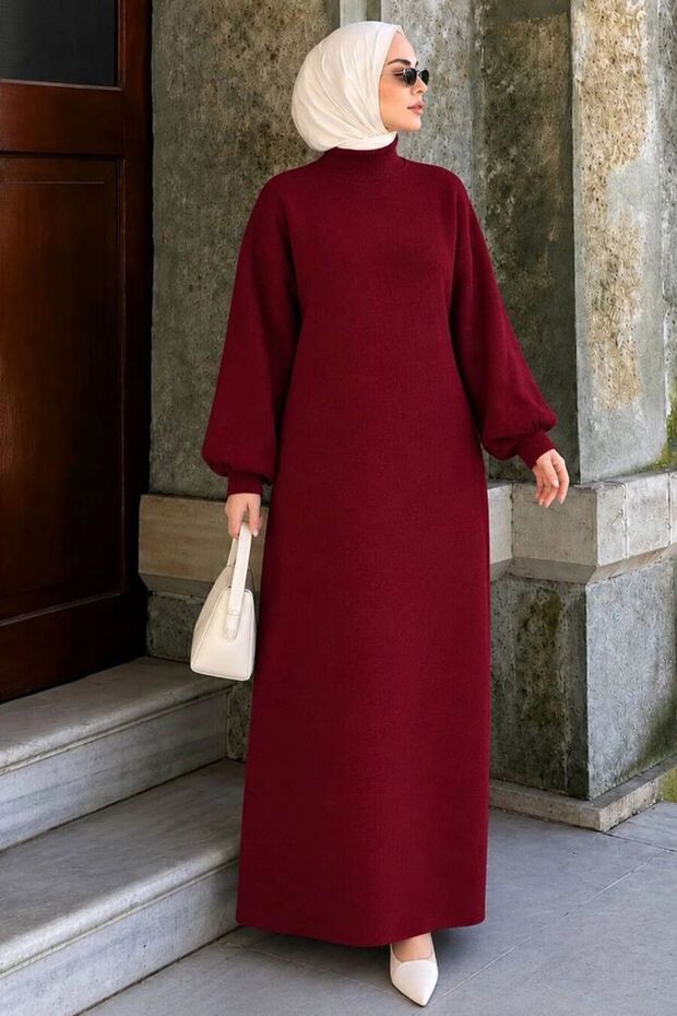 Turtleneck Plain Cherry Hijab Knitwear Dress 30481Vsn