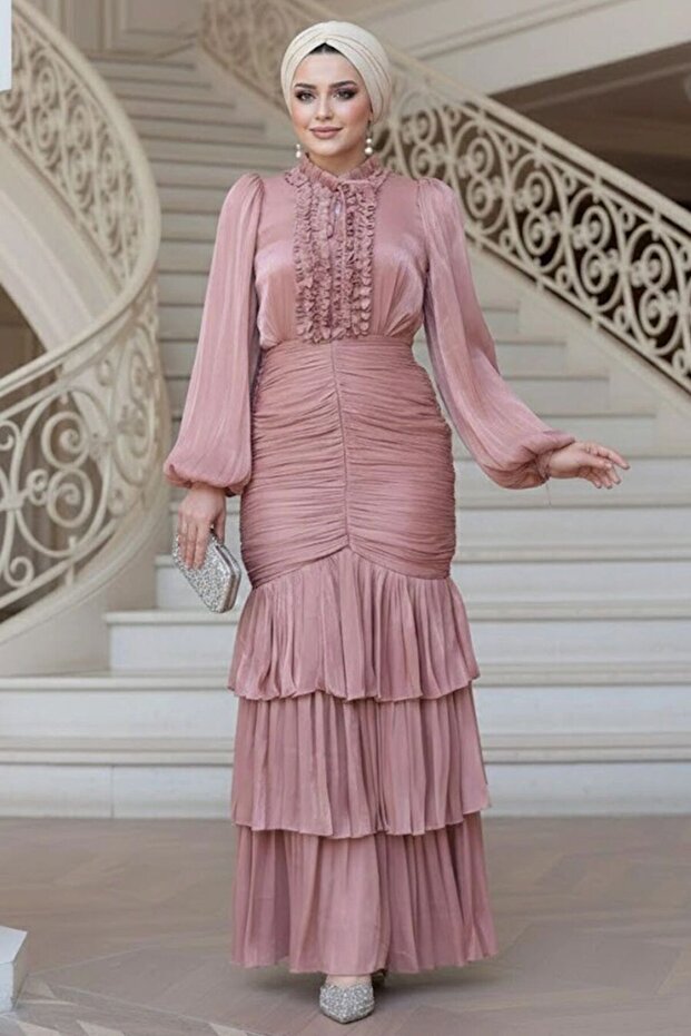 Ruffle Detailed Powder Hijab Evening Dress 50271Pd