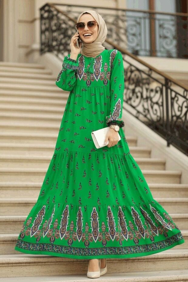 Patterned Green Hijab Dress 50092Y