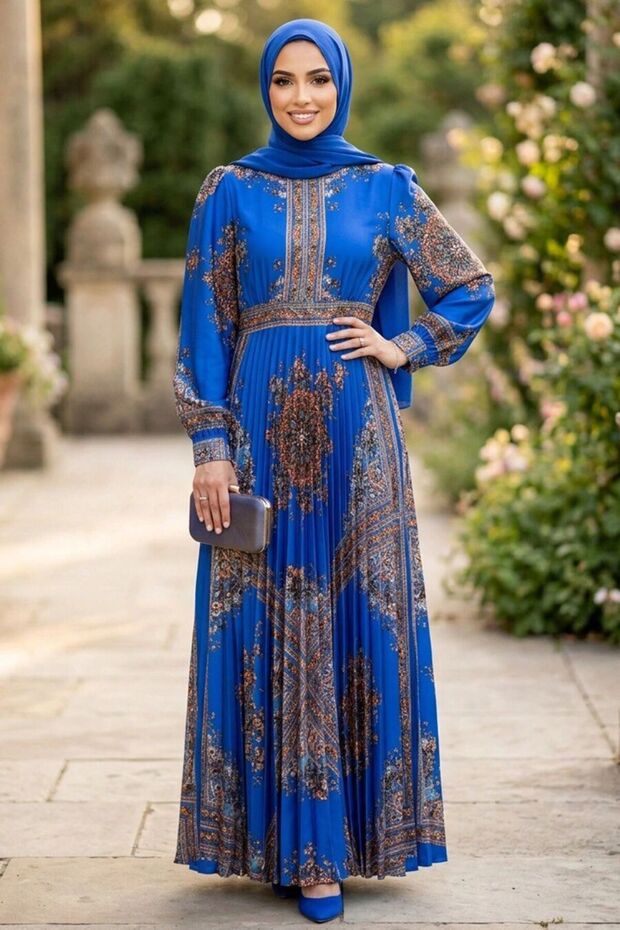 Patterned Belted Kobe Satin Sax Blue Hijab Dress 15756Sx