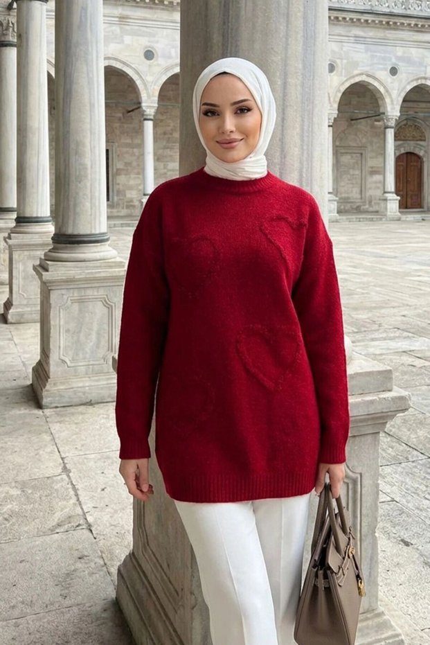 Heart Patterned Red Hijab Knitwear Sweater Tunic 8802K