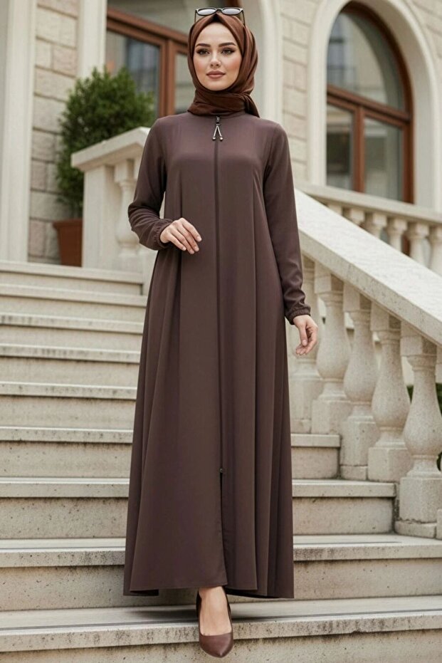 Zippered Brown Hijab Abaya 45319Kh