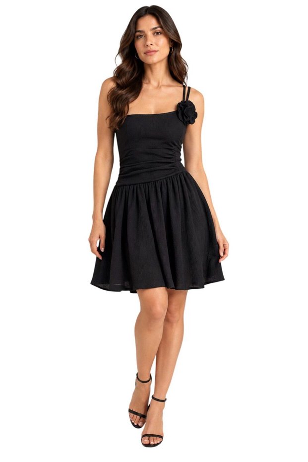 Vs-Solar Black One Shoulder Rose Appliqued Flared Mini Dress